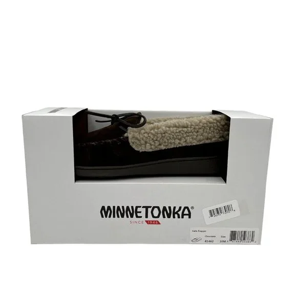 Minnetonka Mens Moccasin Slippers Size 10 Chocolate Suede Upper Faux Fur Lining - Picture 14 of 16